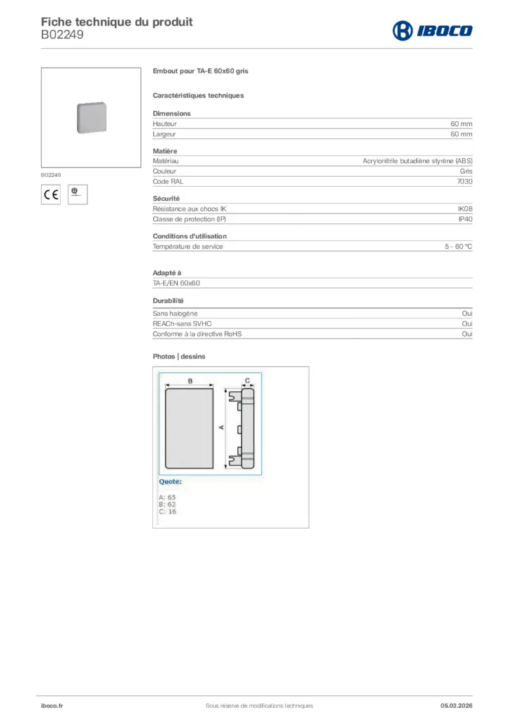 Image Iboco Fiche technique du produit B02249 | Hager France