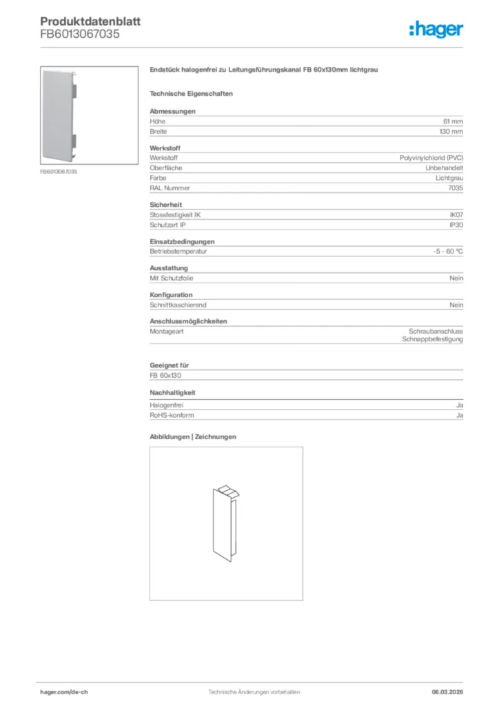 Bild Hager Produktdatenblatt FB6013067035 | Hager Schweiz