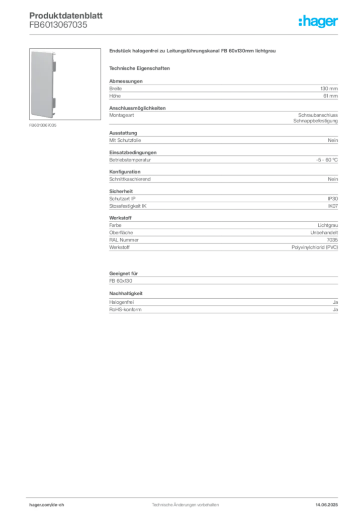 Bild Hager Produktdatenblatt FB6013067035 | Hager Schweiz