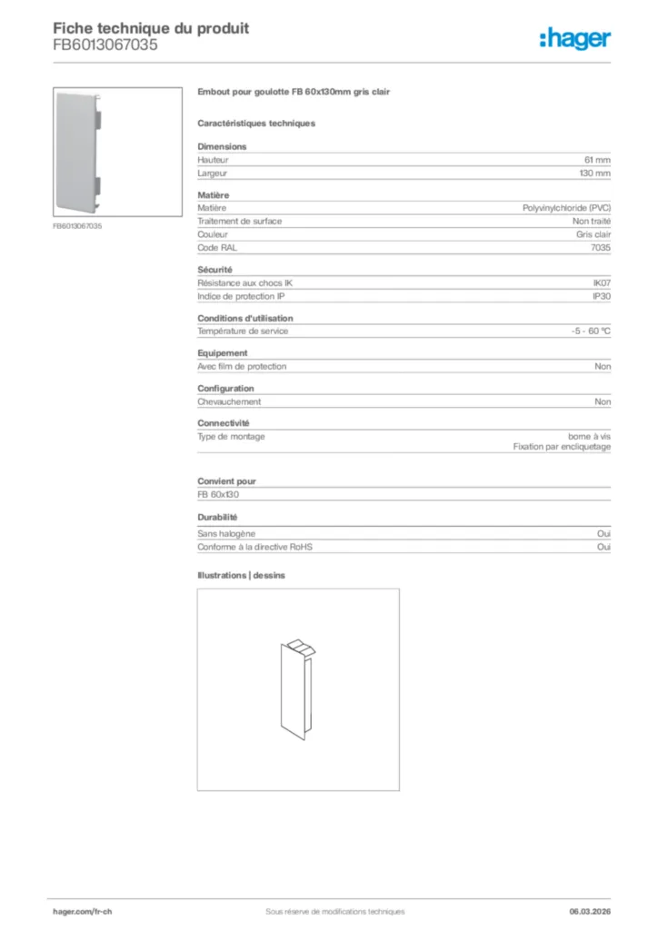 Image Hager Fiche technique du produit FB6013067035 | Hager Suisse