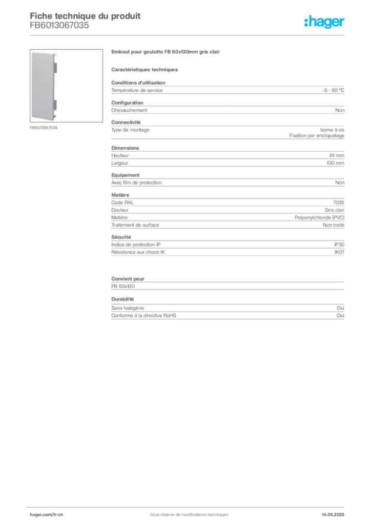 Image Hager Fiche technique du produit FB6013067035 | Hager Suisse