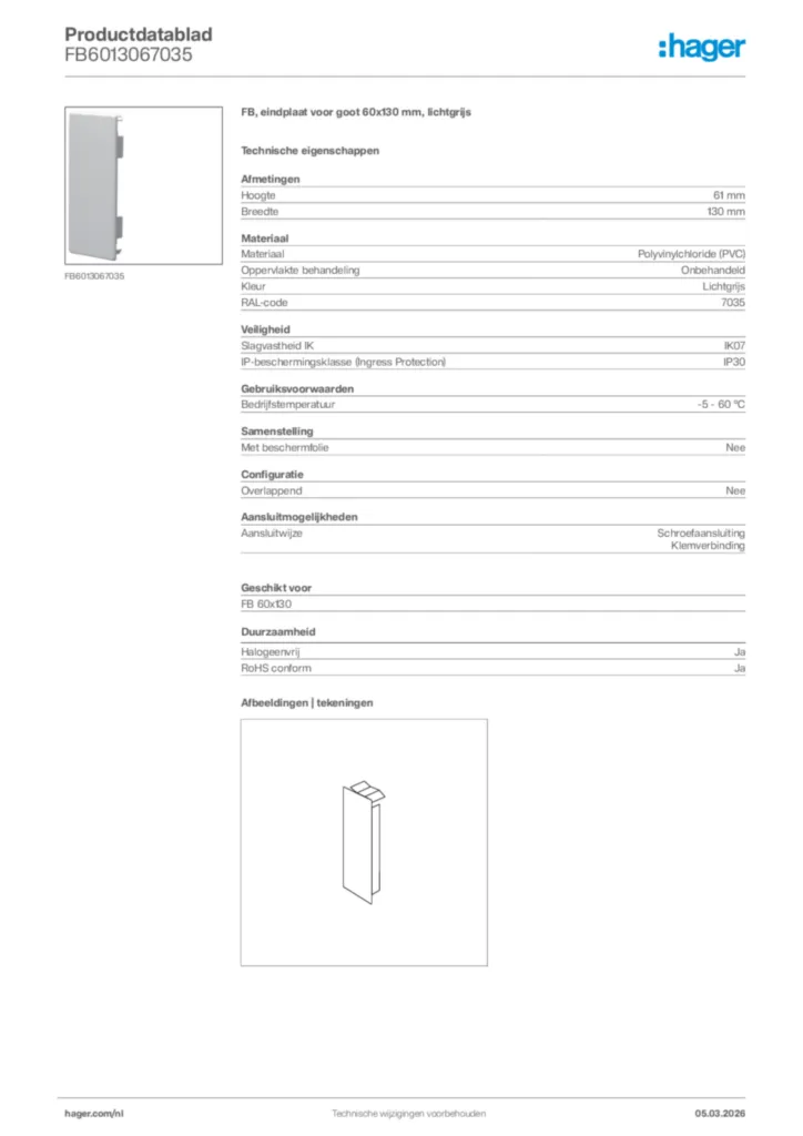 Afbeelding Hager Productdatablad FB6013067035 | Hager Nederland