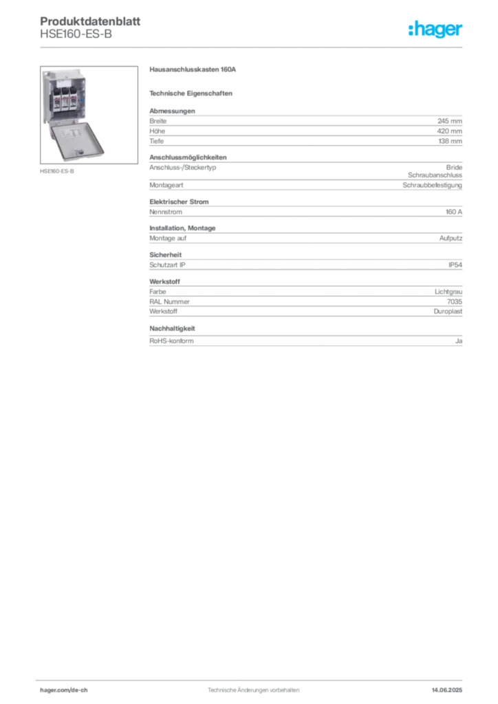Bild Hager Produktdatenblatt HSE160-ES-B | Hager Schweiz