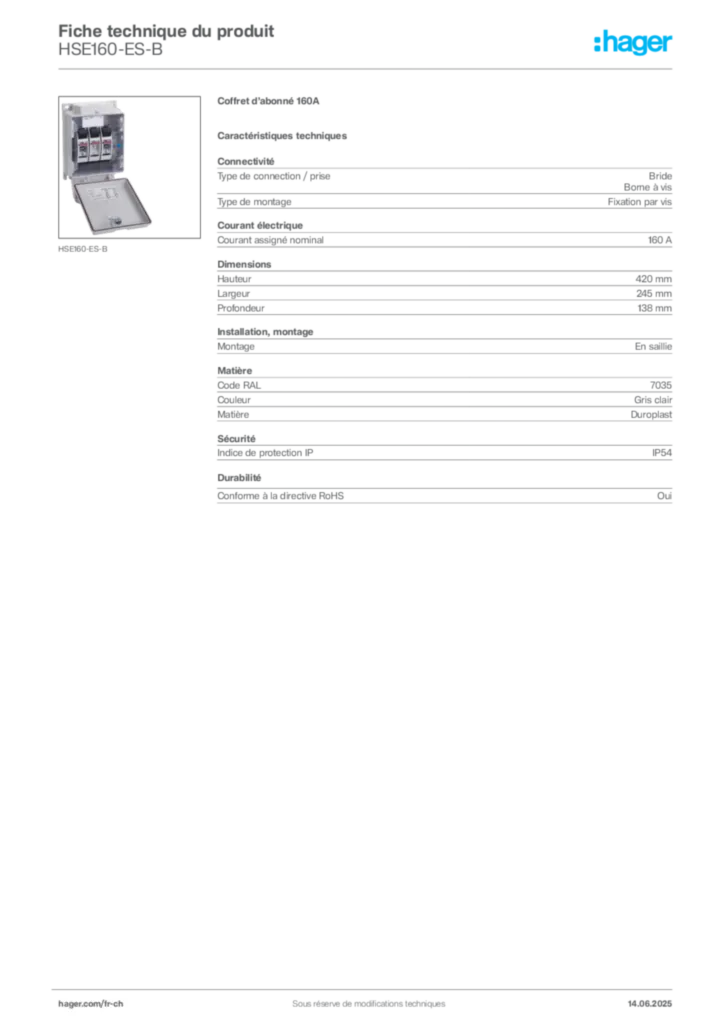 Image Hager Fiche technique du produit HSE160-ES-B | Hager Suisse