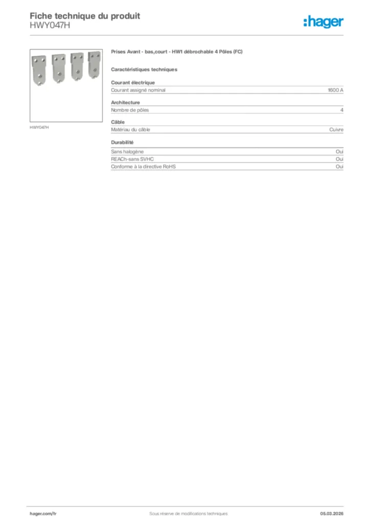 Image Hager Fiche technique du produit HWY047H | Hager France
