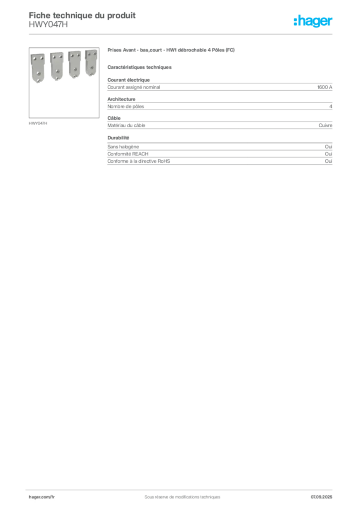 Image Hager Fiche technique du produit HWY047H | Hager France