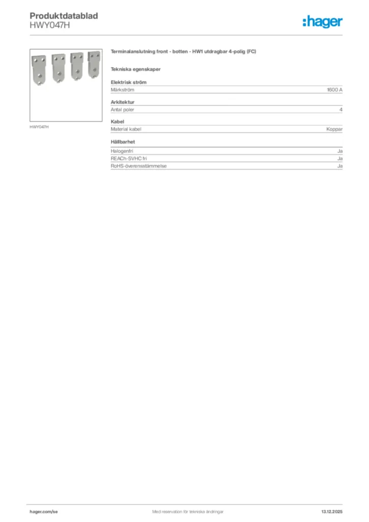 Bild Hager Produktdatablad HWY047H | Hager Sverige