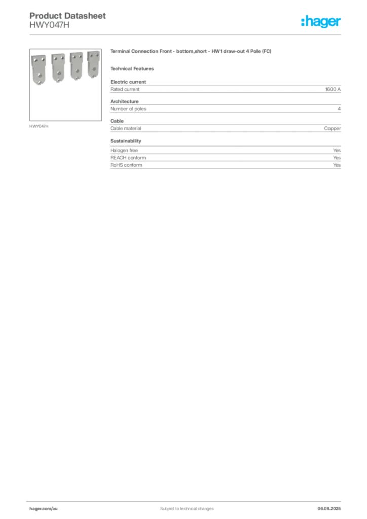 Image Hager Product data sheet HWY047H  | Hager Australia