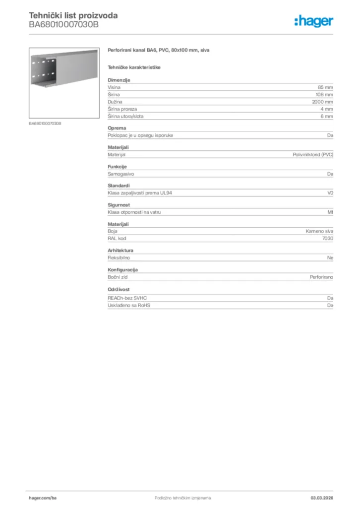 Slika Hager Tehnički list proizvoda BA68010007030B  | Hager