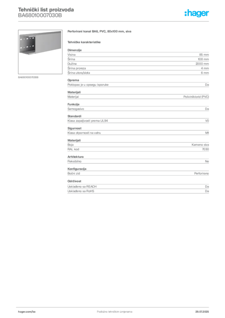 Slika Hager Product data sheet BA68010007030B  | Hager