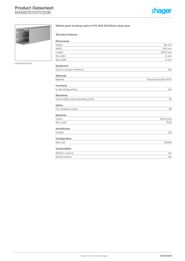 Image Hager Product data sheet BA68010007030B  | Hager