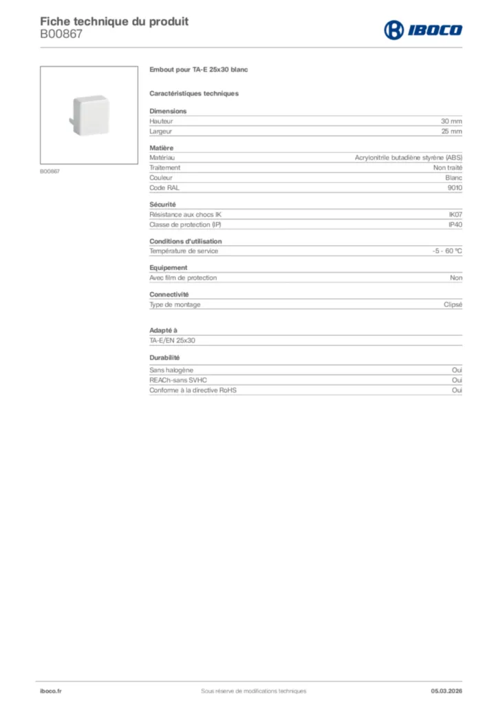 Image Iboco Fiche technique du produit B00867 | Hager France