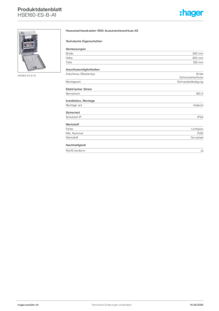 Bild Hager Produktdatenblatt HSE160-ES-B-A1 | Hager Schweiz
