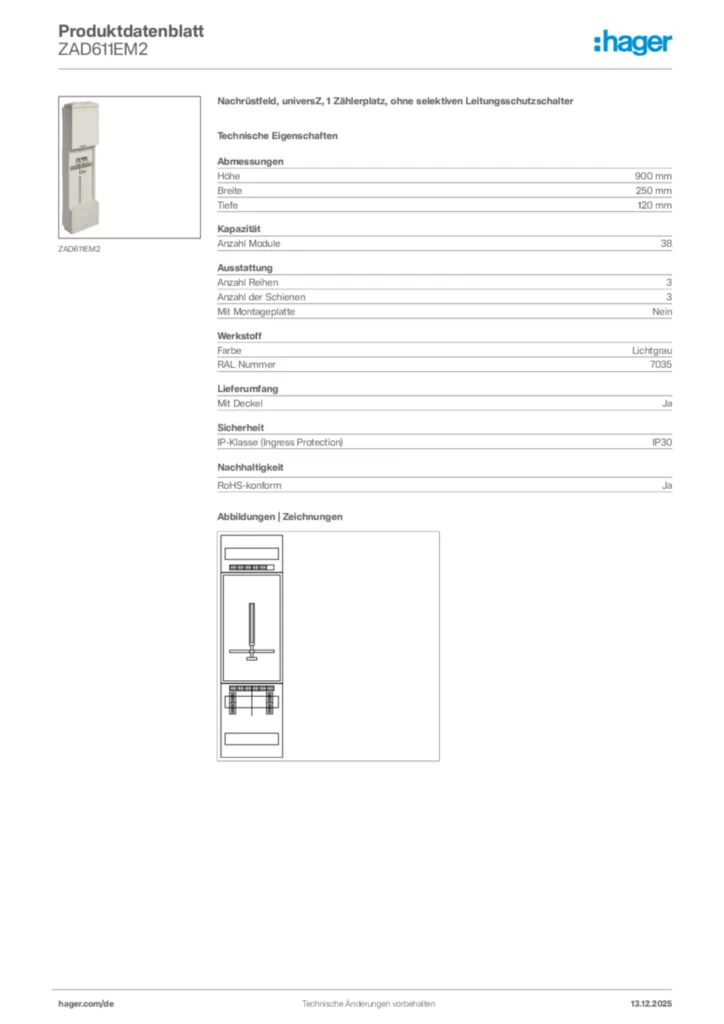 Bild Hager Produktdatenblatt ZAD611EM2 | Hager Deutschland
