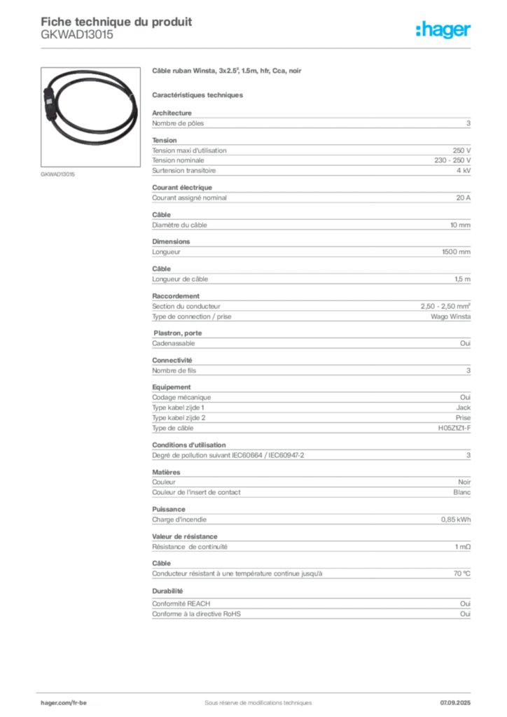Image Hager Fiche technique du produit GKWAD13015 | Hager Belgique