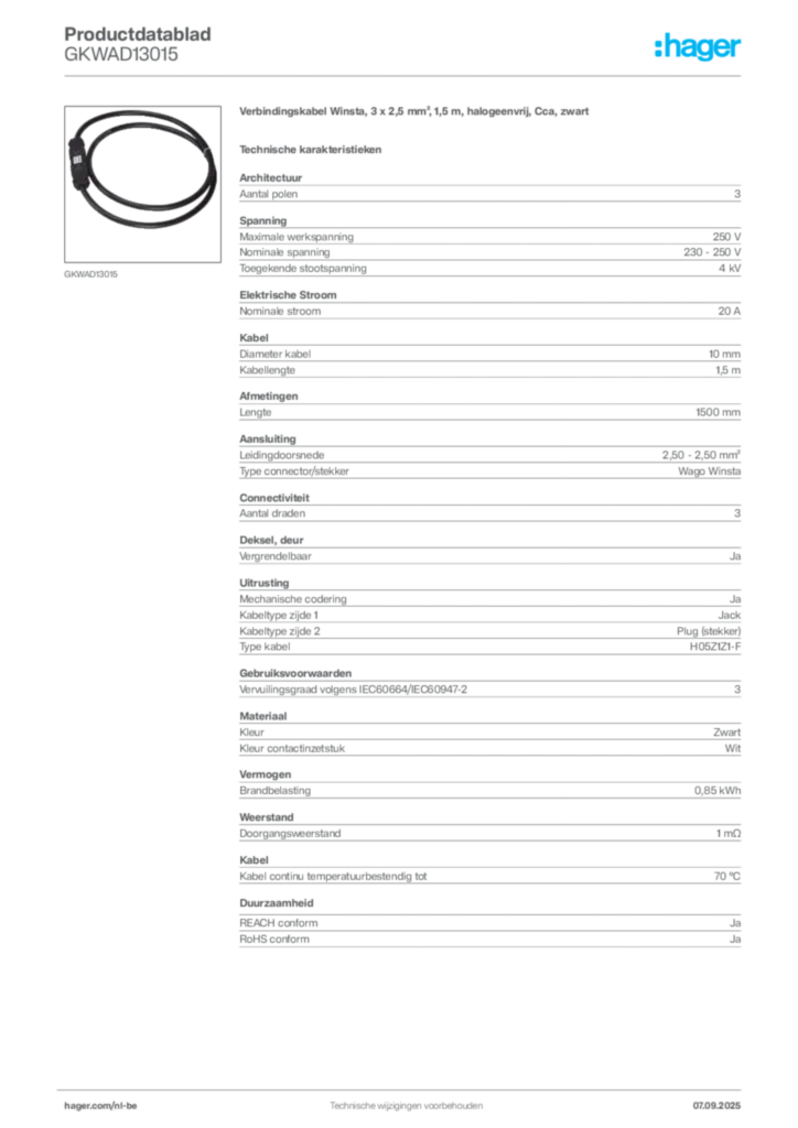 Afbeelding Hager Productdatablad GKWAD13015 | Hager Belgium