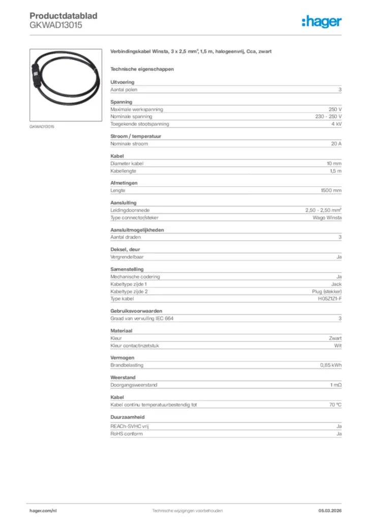 Afbeelding Hager Productdatablad GKWAD13015 | Hager Nederland