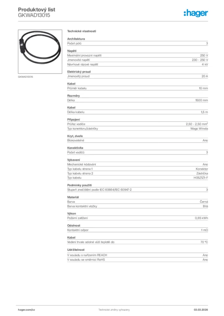 Obrázek Hager Product data sheet GKWAD13015 | Hager