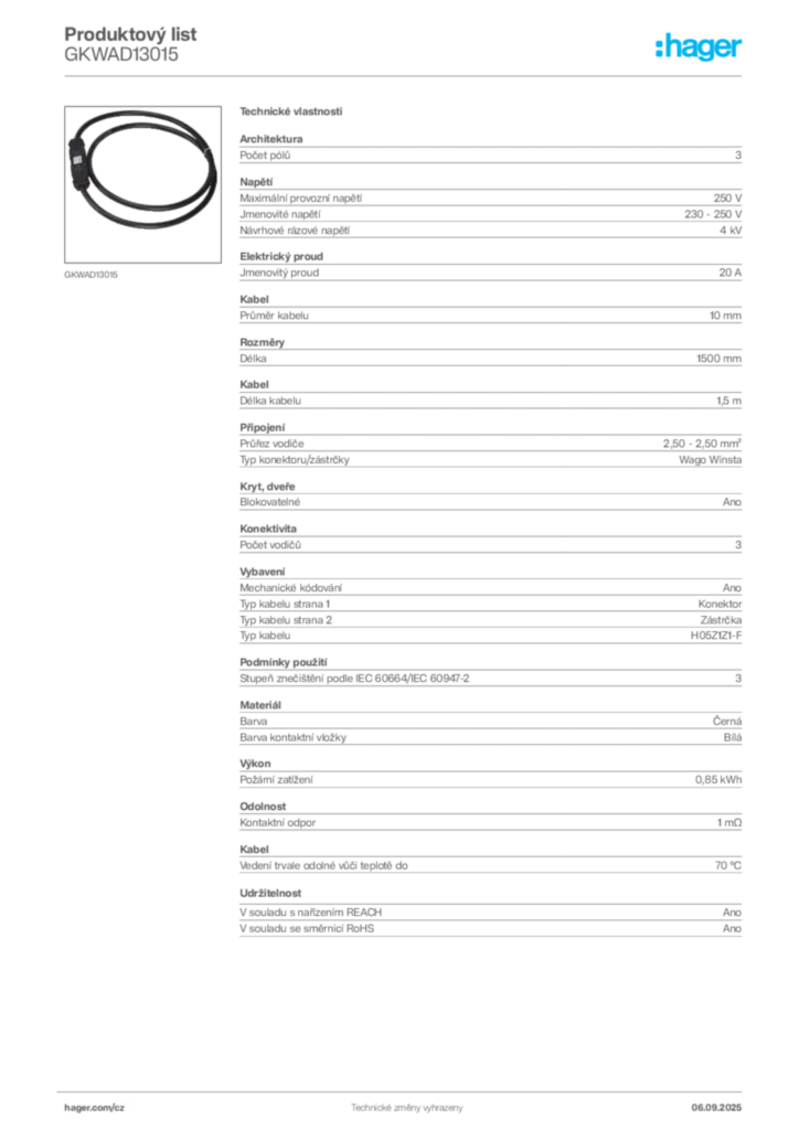 Obrázek Hager Produktový list GKWAD13015 | Hager