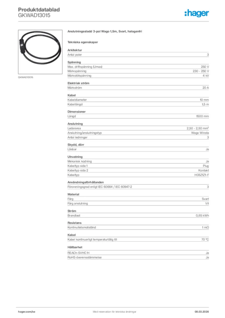 Bild Hager Produktdatablad GKWAD13015 | Hager Sverige