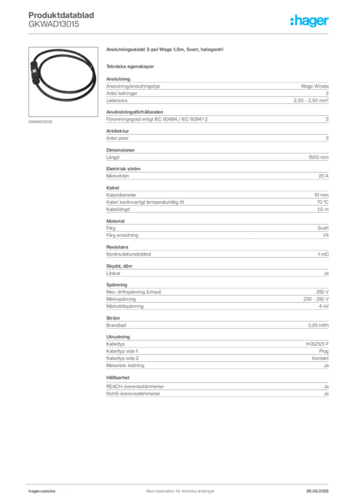 Bild Hager Produktdatablad GKWAD13015 | Hager Sverige