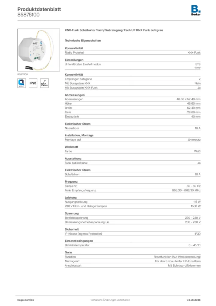 Bild Berker Produktdatenblatt 85875100 | Hager Deutschland