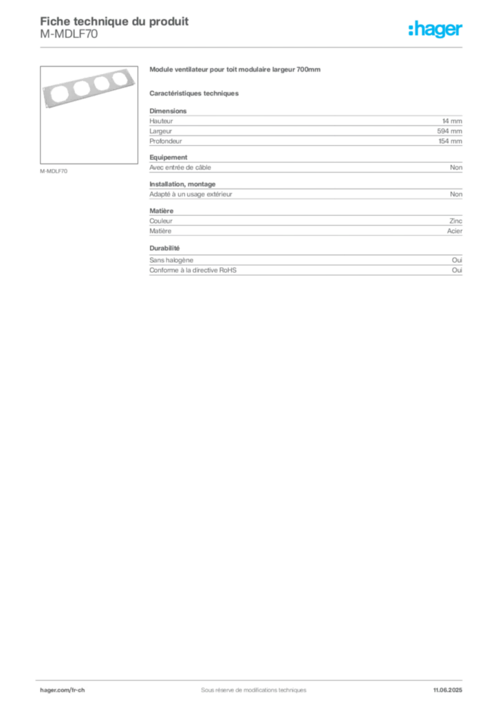 Image Hager Fiche technique du produit M-MDLF70 | Hager Suisse