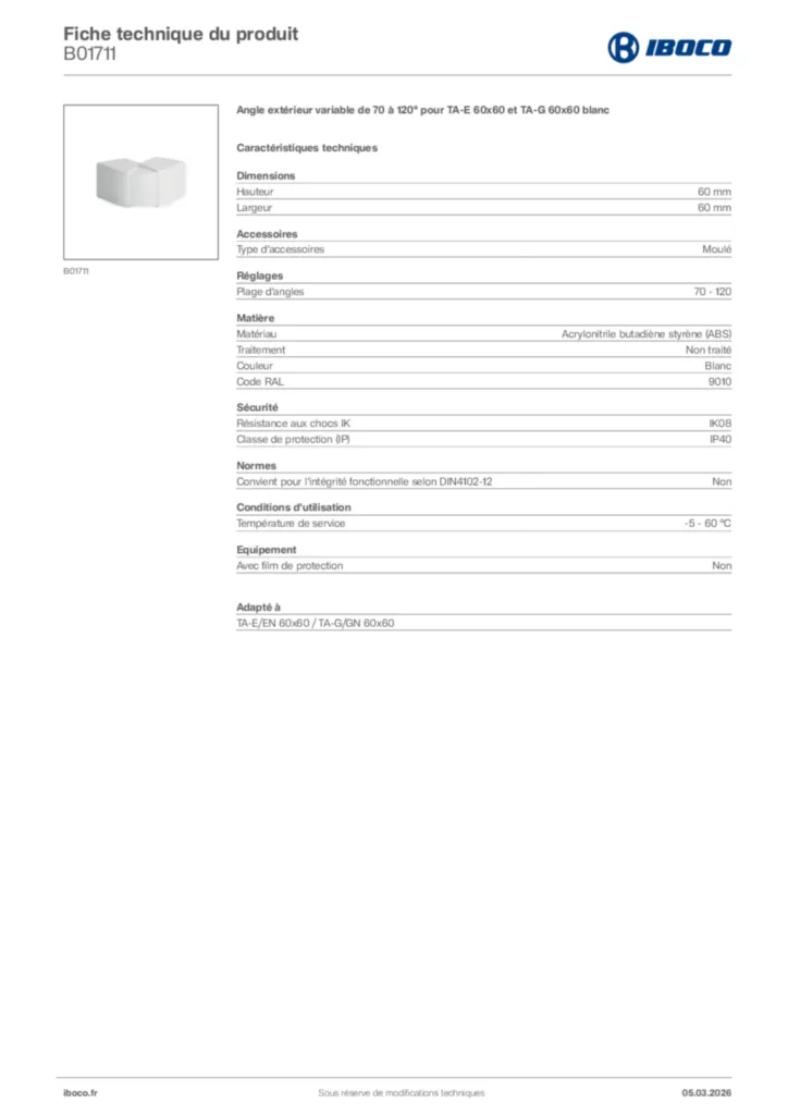 Image Iboco Fiche technique du produit B01711 | Hager France