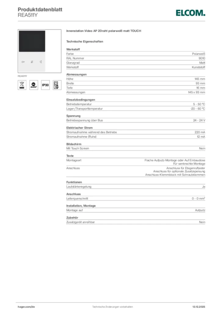 Bild Elcom Produktdatenblatt REA511Y | Hager Deutschland