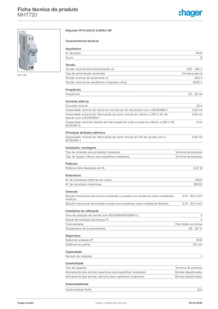 Imagem Hager Ficha técnica do produto MHT720 | Hager Portugal