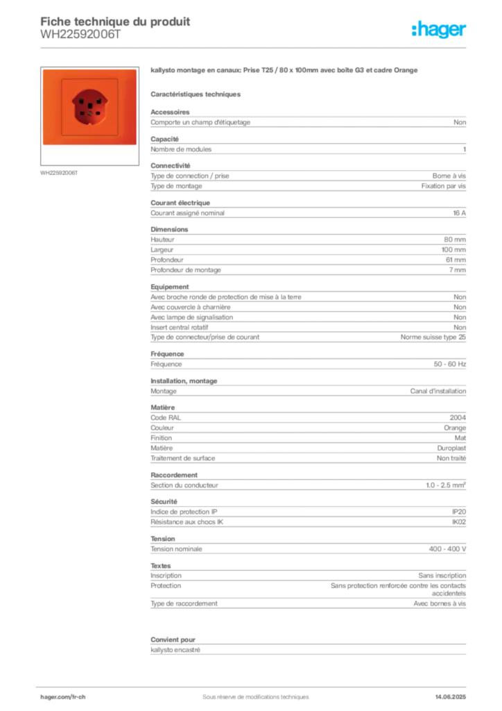 Image Hager Fiche technique du produit WH22592006T | Hager Suisse