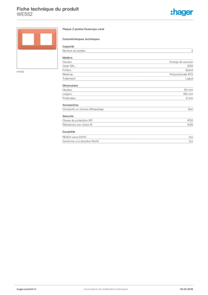 Image Hager Fiche technique du produit WE552 | Hager Afrique