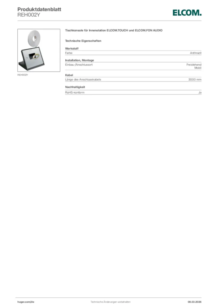 Bild Elcom Produktdatenblatt REH002Y | Hager Deutschland