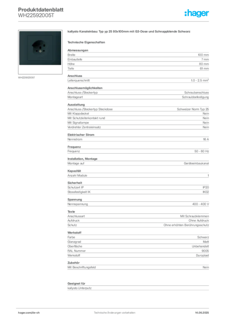 Bild Hager Produktdatenblatt WH22592005T | Hager Schweiz