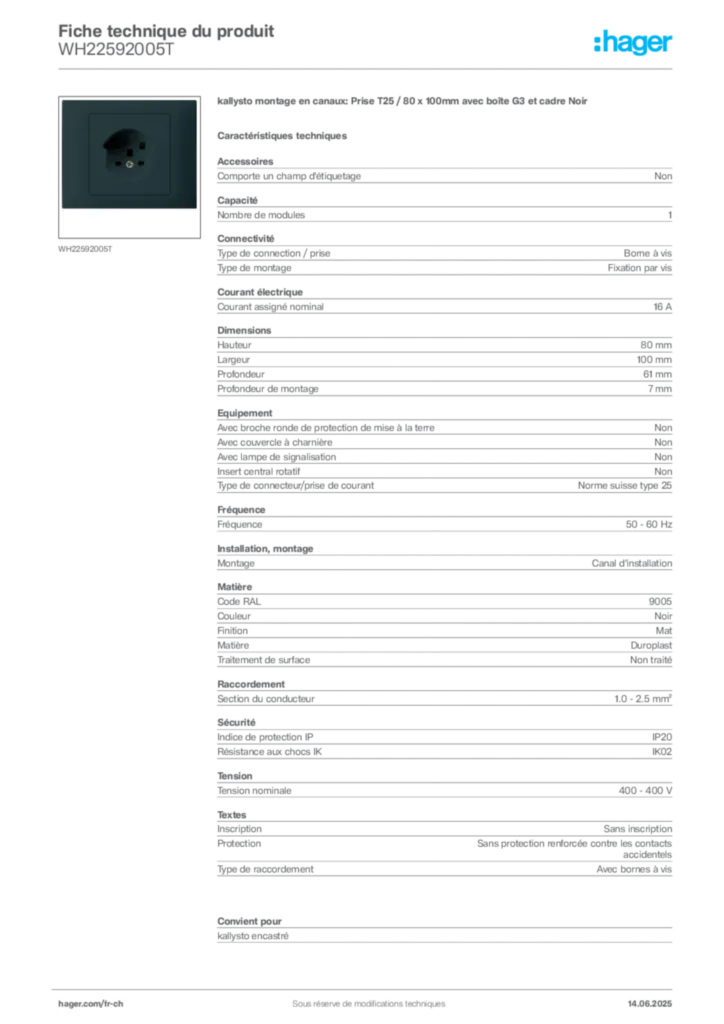 Image Hager Fiche technique du produit WH22592005T | Hager Suisse