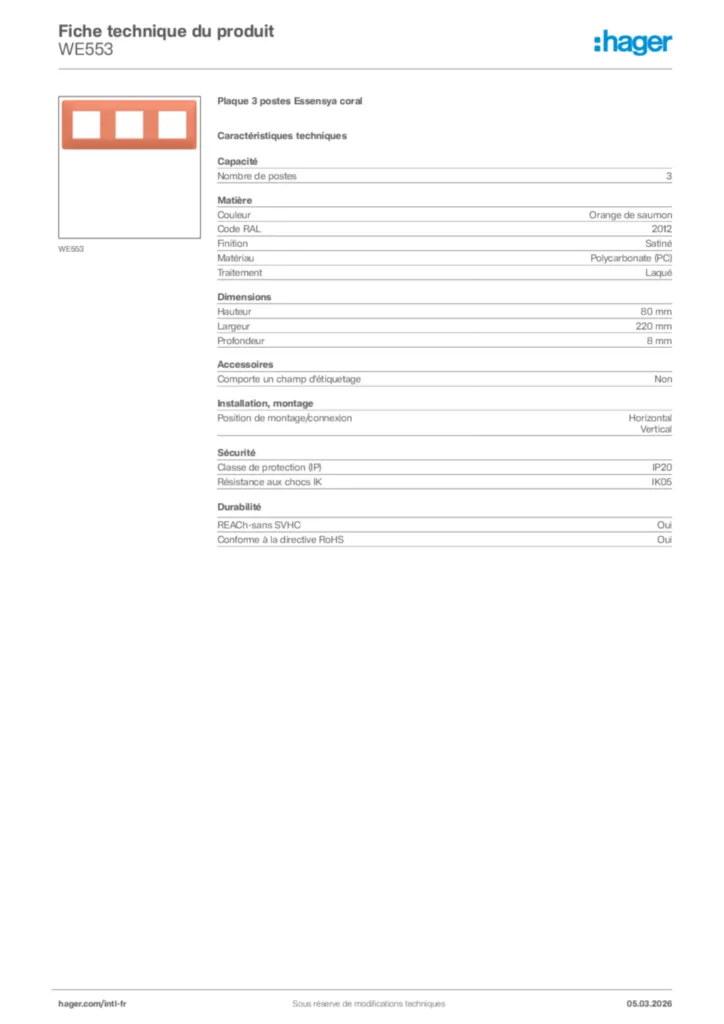 Image Hager Fiche technique du produit WE553 | Hager Afrique