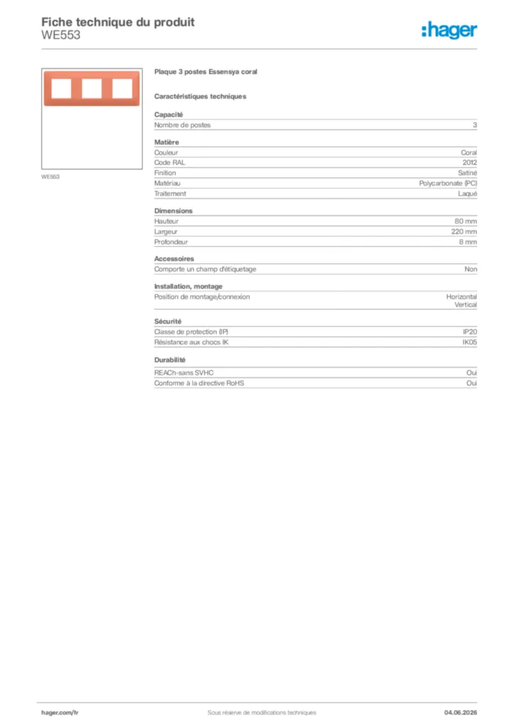 Image Hager Fiche technique du produit WE553 | Hager France