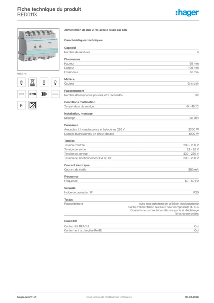 Image Hager Fiche technique du produit RED011X | Hager Suisse