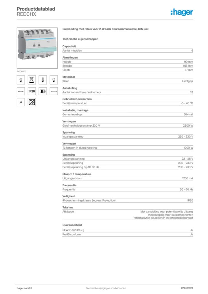 Afbeelding Hager Productdatablad RED011X | Hager Nederland