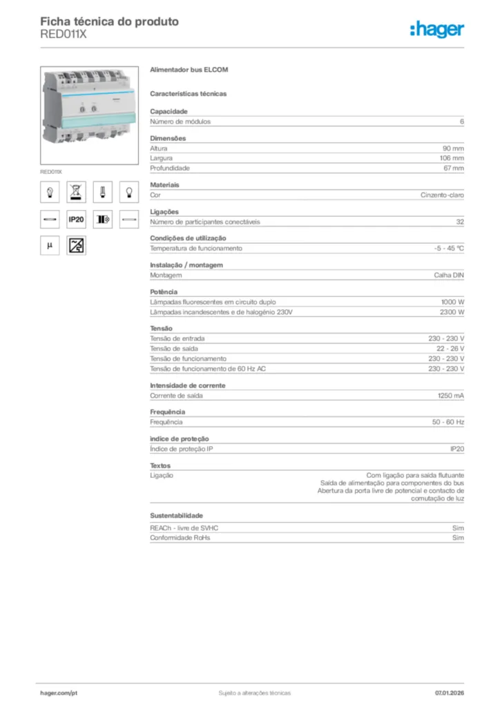 Imagem Hager Ficha técnica do produto RED011X | Hager Portugal