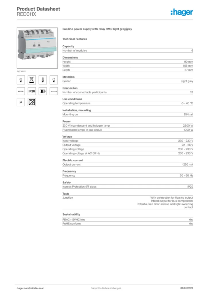 Image Hager Product data sheet RED011X  | Hager