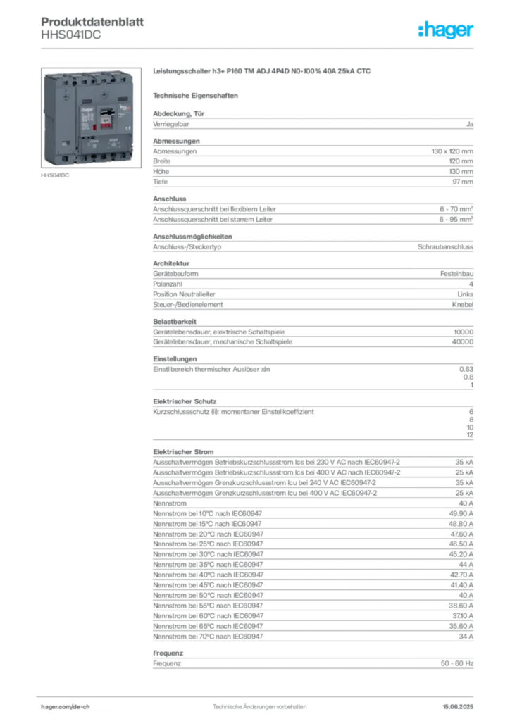 Bild Hager Produktdatenblatt HHS041DC | Hager Schweiz