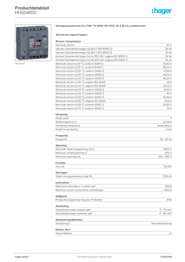 Afbeelding Hager Productdatablad HHS041DC | Hager Nederland
