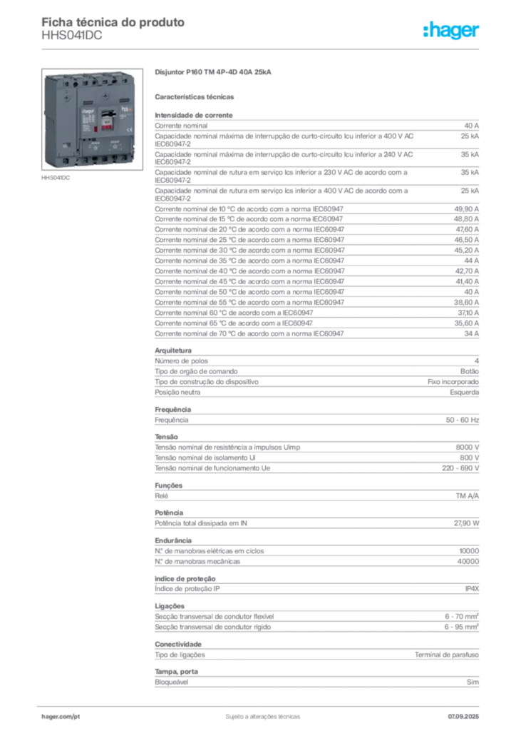Imagem Hager Ficha técnica do produto HHS041DC | Hager Portugal