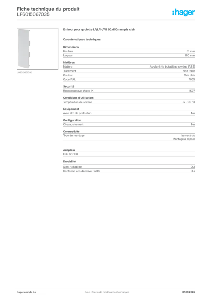Image Hager Fiche technique du produit LF6015067035 | Hager Belgique