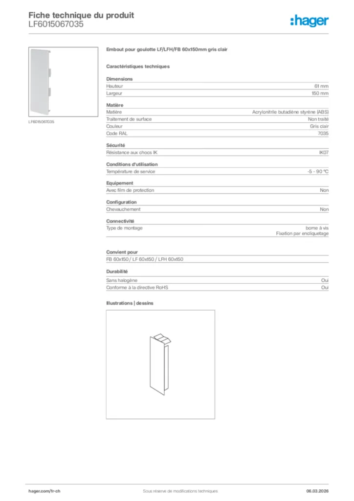 Image Hager Fiche technique du produit LF6015067035 | Hager Suisse