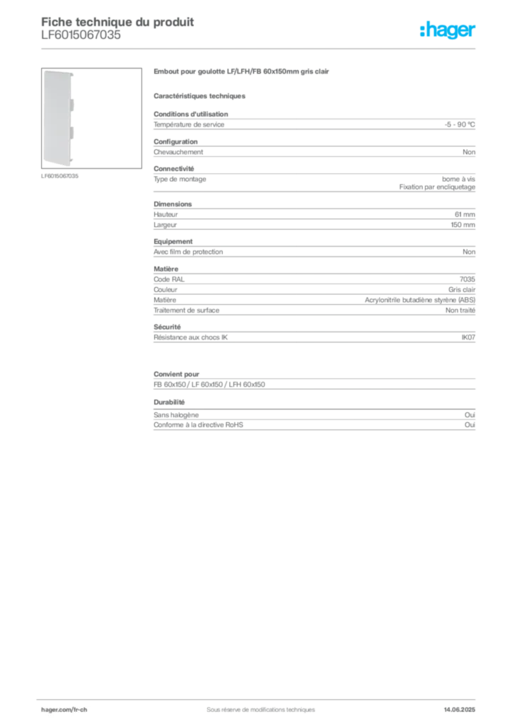 Image Hager Fiche technique du produit LF6015067035 | Hager Suisse