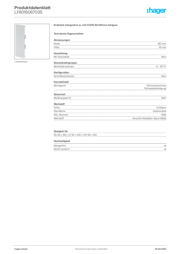 Bild Hager Produktdatenblatt LF6015067035 | Hager Deutschland