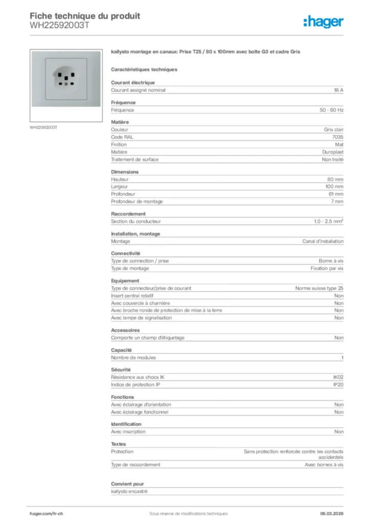 Image Hager Fiche technique du produit WH22592003T | Hager Suisse
