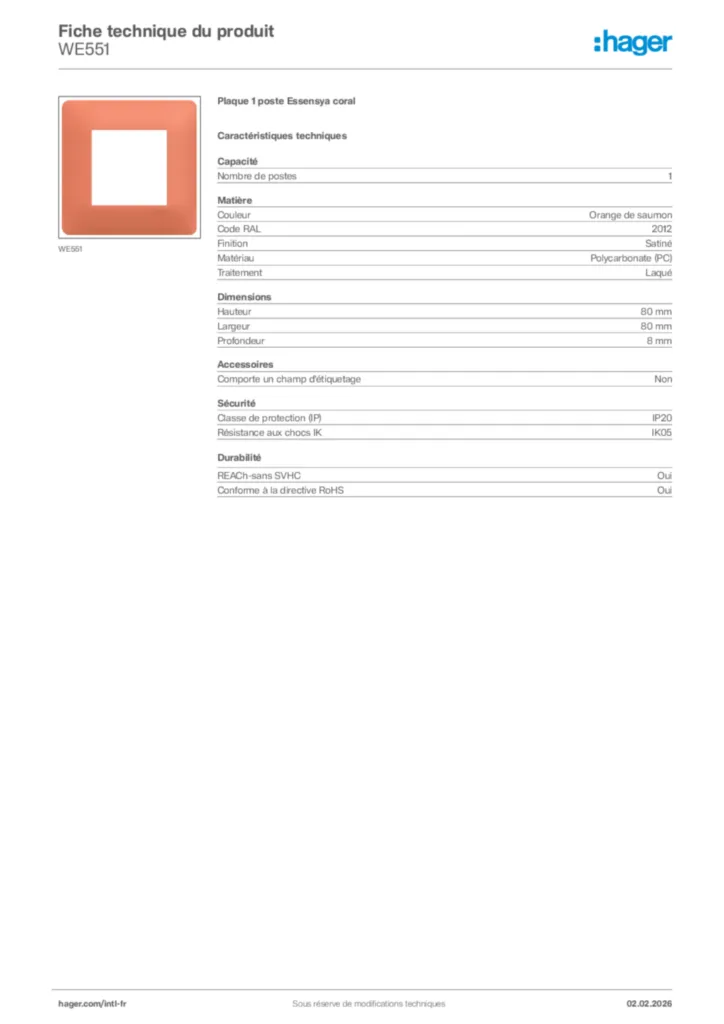 Image Hager Fiche technique du produit WE551 | Hager Afrique